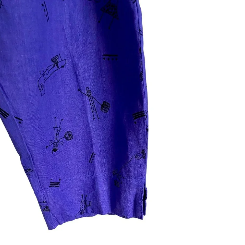 Whimsical Stick Figures Elastic Waist Capris Pants Purple with Pockets Size XL